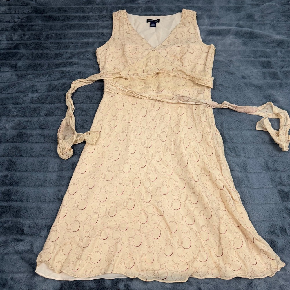 Ann Taylor Silk Midi Dress Womens 4 Cream Red Circle Print Sleeveless V-Neck Tie